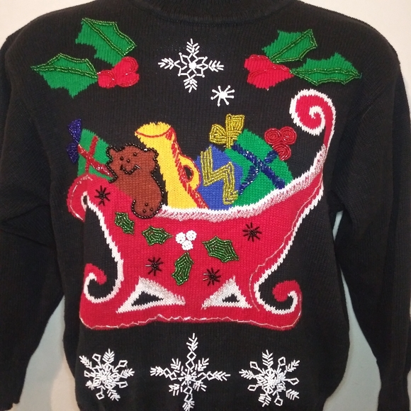Vintage I.B. Diffusion Black "Santa's Sleigh" Bead Trimmed Christmas Sweater - Picture 2 of 11